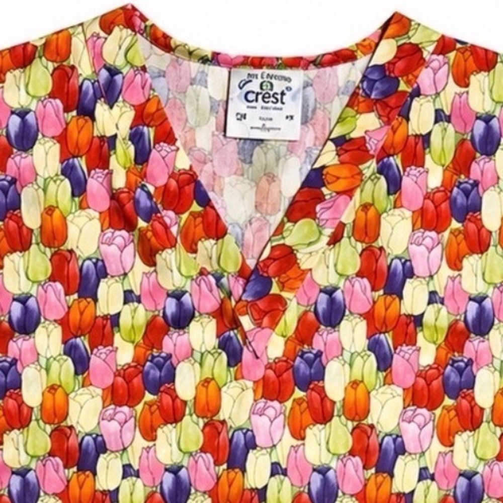 Vintage Crest 100% Cotton Tulip Print Scrub Top Small Floral Nurse Medical Shirt